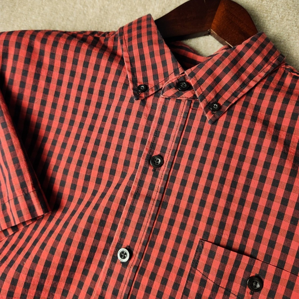 Weatherproof Shirt Mens L Red Black Gingham Check Comfort Stretch Short Sleeve